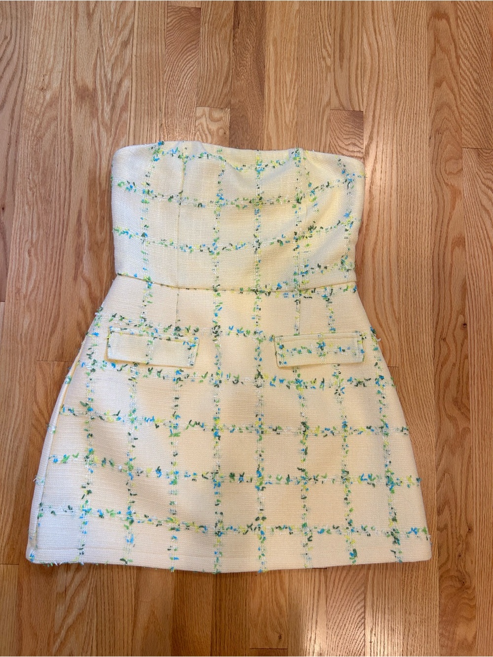 Strapless Yellow Tweed Dress with Blue/Green Floral Grid NWT